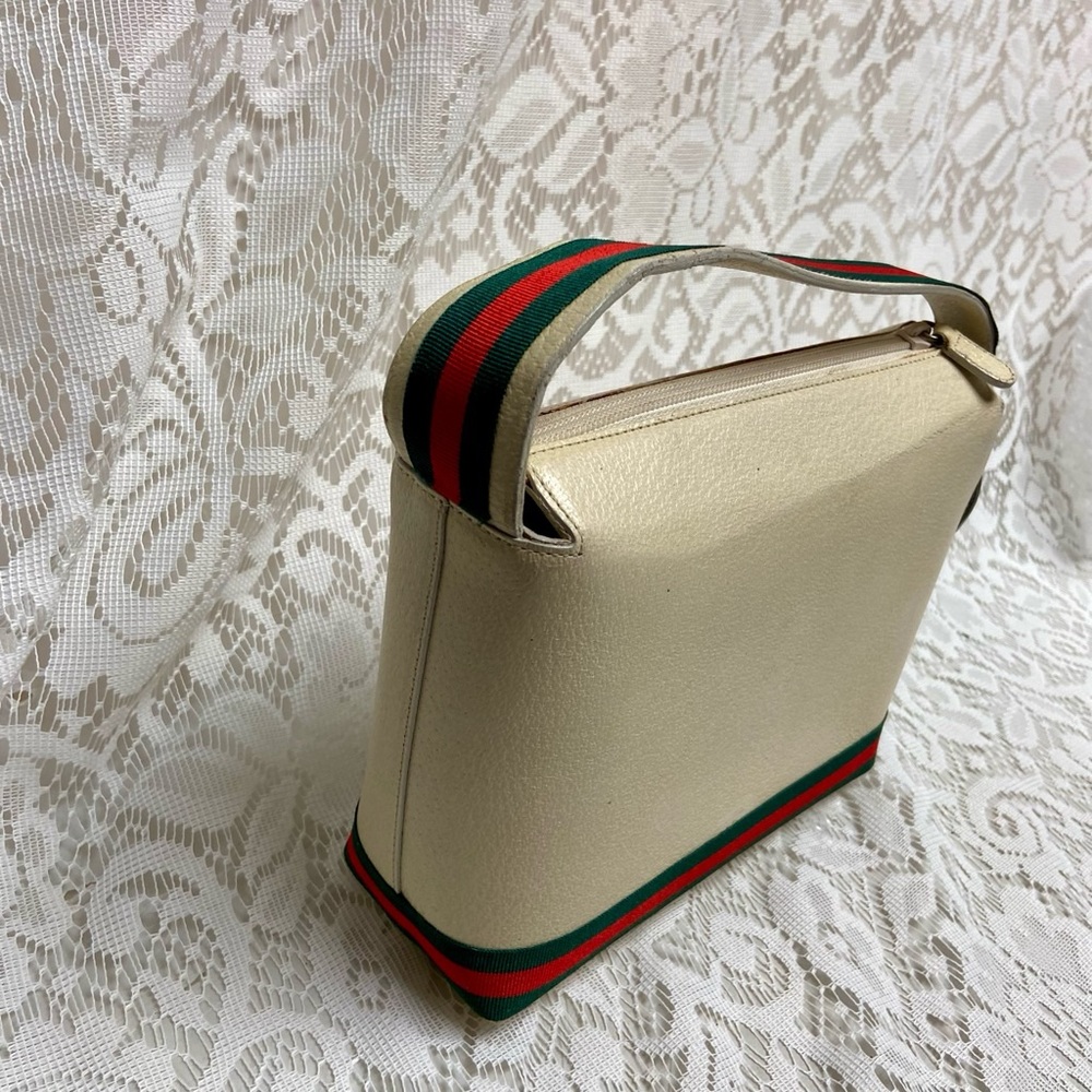 Vintage, Gucci, Small Cream Leather w/ Sherry Line Strap Handbag 9in x 6in x 3in - Picture 6 of 11
